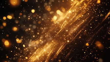 A close-up of bright golden fireworks bursting against a clear night sky, with shimmering trails of light.の素材