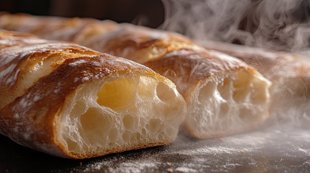 A close-up of a warm, crusty baguette with steam rising as its sliced open, revealing the soft interior.の素材