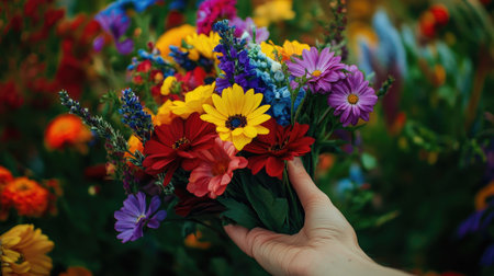 A close-up of a hand holding a colorful bouquet of mixed flowers, with petals of red, yellow, and purple hues.の素材