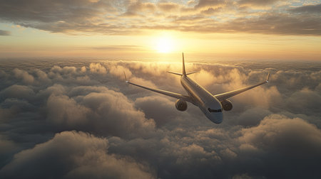 A commercial airplane flying above a dense layer of clouds, with bright sunlight illuminating the scene.の素材