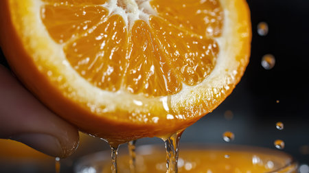 A close-up of a cut orange being squeezed by hand, with fresh juice dripping into a glass below.の素材