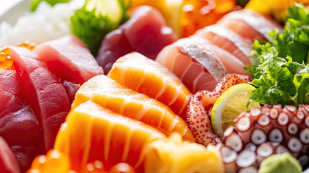 A close-up of a colorful sashimi platter, featuring cuts of salmon, tuna, and octopus, artfully arranged with garnishes.の素材