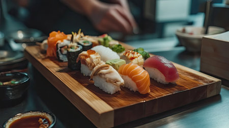 A detailed shot of an omakase course with an assortment of seasonal sushi, served on a handcrafted wooden board.の素材