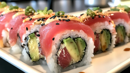 A close-up of a traditional sushi roll, with bright pink tuna and creamy avocado wrapped in seaweed.の素材
