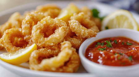 A close-up of crispy fried calamari served with marinara dipping sauce and lemon slices on a white plate.の素材