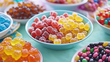 A colorful spread of gummy bears, sour worms, and jelly beans in bowls on a party table.の素材