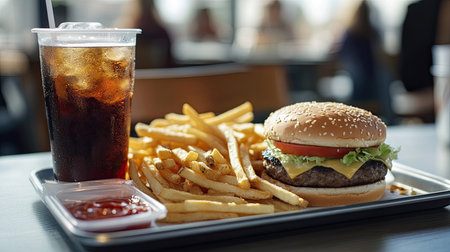 A fast-food tray with a burger, fries, and a large soda, highlighting the classic unhealthy meal combo.の素材