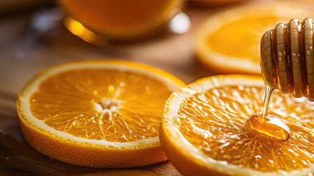 A close-up of golden honey being drizzled over sliced oranges, with a jar of honey in the background.の素材