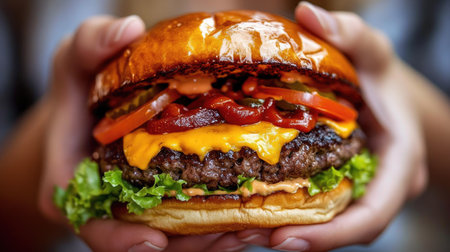 A close-up of hands holding an oversized, greasy cheeseburger with all the toppings.の素材