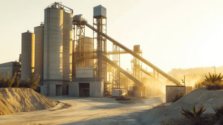 A day scene of a cement factory, with tall silos and conveyor belts, surrounded by industrial dust and a clear sky.の素材