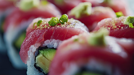 A close-up of a traditional sushi roll, with bright pink tuna and creamy avocado wrapped in seaweed.の素材