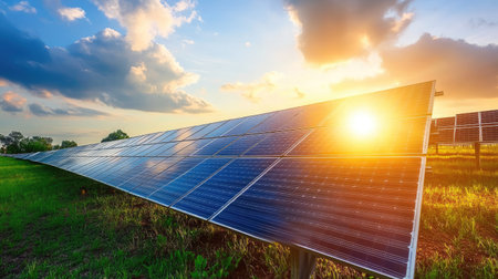 A day scene of a solar power plant with rows of solar panels reflecting sunlight in a vast, open field.の素材