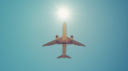 A commercial airplane flying through a clear blue sky, with sunlight reflecting off its wings.の素材