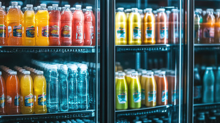 A display of brightly colored energy drinks and sugary beverages lined up in a refrigerator.の素材
