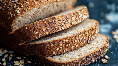 A detailed image of a freshly sliced whole grain bread, showcasing the dense crumb and seed-filled crust.の素材