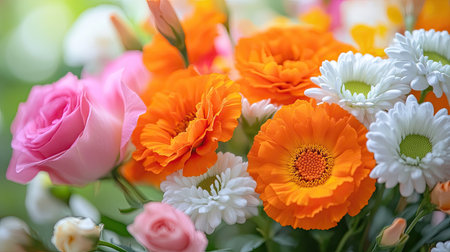 A close-up of a vibrant flower bouquet in bloom, showcasing orange marigolds, pink roses, and white chrysanthemums.の素材