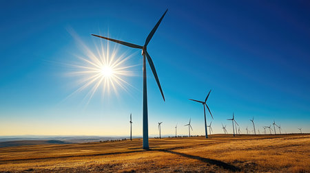A day scene of a wind farm, with giant wind turbines turning under a bright, sunny sky.の素材