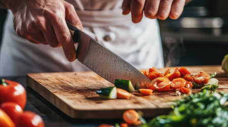 A close-up shot of a chef's hand using a sharp chefs knife to chop fresh vegetables on a wooden cutting board.の素材