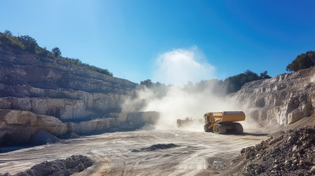 A daytime view of a quarry, with large machinery working on extracting stone, and dust rising into the blue sky.の素材