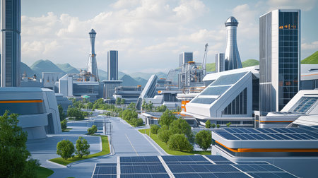 A daytime view of a high-tech manufacturing facility, with sleek buildings, solar panels, and a green landscape in the background.の素材