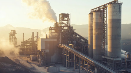 A day scene of a cement factory, with tall silos and conveyor belts, surrounded by industrial dust and a clear sky.の素材