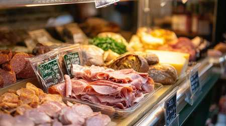 A deli counter showcasing ham, cheese, and fresh bread, with a sandwich being prepared.の素材