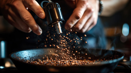 A close-up of hands carefully holding a pepper grinder, sprinkling freshly ground pepper over a pan.の素材