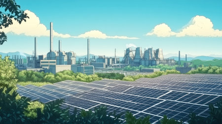 A daytime view of a high-tech manufacturing facility, with sleek buildings, solar panels, and a green landscape in the background.の素材