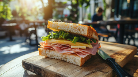 A delicious ham and cheese sandwich being enjoyed at a sunny outdoor caf.の素材