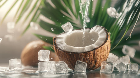 A coconut split in half with juice being poured into a glass, surrounded by ice cubes and palm leaves.の素材