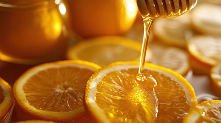 A close-up of golden honey being drizzled over sliced oranges, with a jar of honey in the background.の素材
