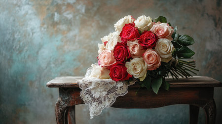 A fresh bouquet of roses in red, pink, and white, wrapped in delicate lace, placed on a vintage table.の素材