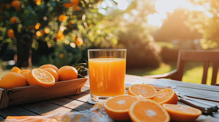 A glass of orange juice on a breakfast table, with sliced oranges and a sunny outdoor scene in the background.の素材