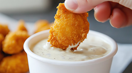 A hand dipping a crispy chicken nugget into a cup of thick, creamy ranch sauce.の素材