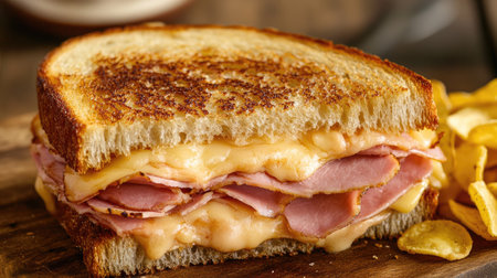 A grilled ham and cheese sandwich with crispy edges and gooey cheese, served with potato chips.の素材