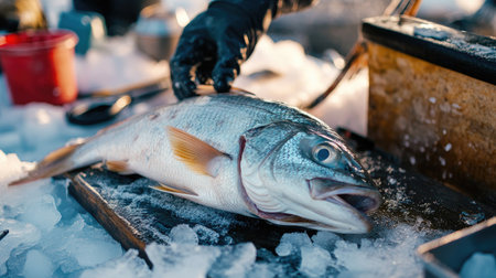 A freshly caught fish being cleaned and prepared on a fishing dock, with tools and ice in the background.の素材