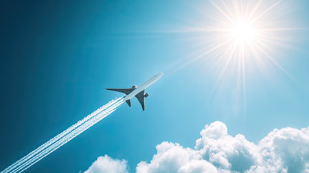 A jet plane leaving a trail of vapor as it cuts through a bright, clear sky on a sunny day.の素材