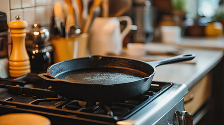 A shot of a well-used cast iron skillet resting on a stove, surrounded by various cooking utensils.の素材