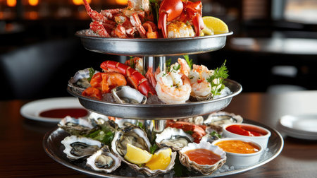 A luxurious seafood tower featuring oysters, lobster, crab, and shrimp, served on a multi-tiered platter with sauces.の素材