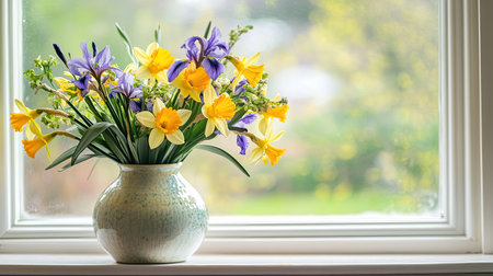 A striking bouquet of bright yellow daffodils and purple irises placed in a simple ceramic vase on a windowsill.の素材