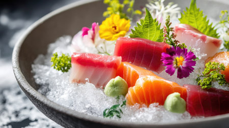 A minimalist omakase dish featuring fresh slices of sashimi on ice, garnished with edible flowers and herbs.の素材