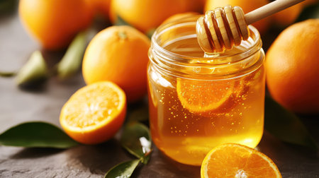 A glass jar of golden honey with a honey dipper resting on the rim, surrounded by whole oranges and orange leaves.の素材
