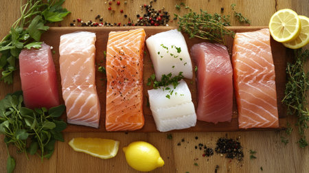 A selection of raw fish fillets, including salmon, tuna, and halibut, laid out on a wooden cutting board with herbs and lemon.の素材
