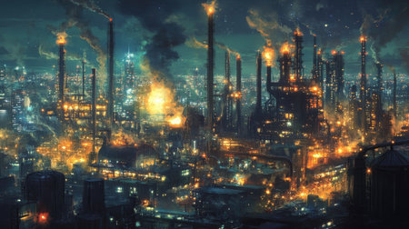 A glowing factory at night, with tall chimneys emitting smoke, and various industrial structures brightly lit.の素材