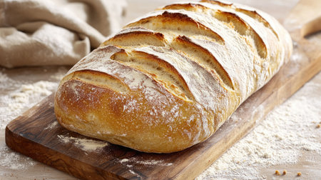 A homemade loaf of artisanal bread on a wooden board, with flour dusting the crust and surface below.の素材