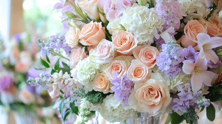 A large, cascading bouquet filled with pastel-colored roses, lilies, and hydrangeas displayed at a wedding reception.の素材
