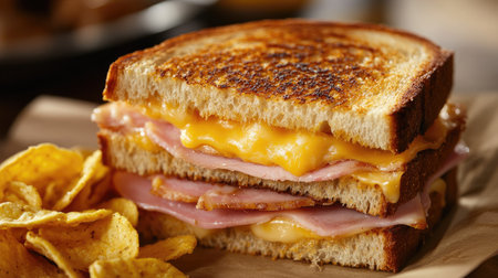 A grilled ham and cheese sandwich with crispy edges and gooey cheese, served with potato chips.の素材