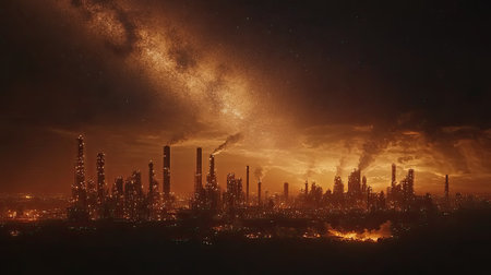 A nighttime industrial skyline, with factories and refineries glowing with orange lights, silhouetted against the starry sky.の素材