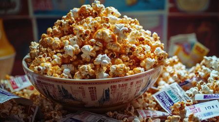 A mountain of caramel popcorn in a large bowl, surrounded by movie tickets and candy wrappers.の素材
