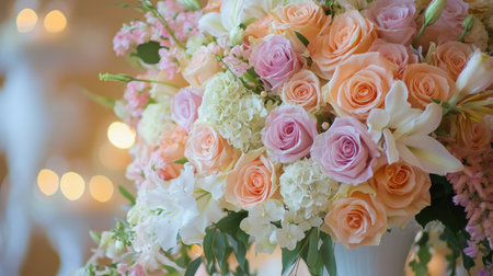 A large, cascading bouquet filled with pastel-colored roses, lilies, and hydrangeas displayed at a wedding reception.の素材
